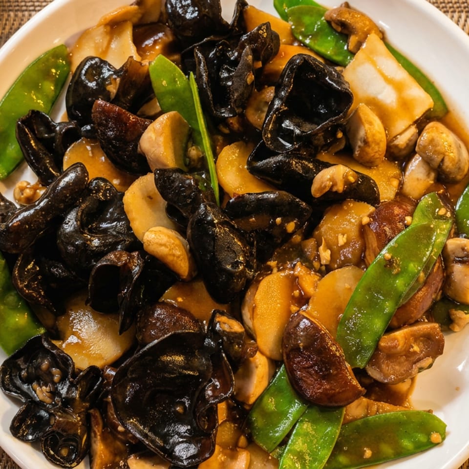 Plate of stir-fried mushrooms, black fungus, snow peas, and vegetables in savory sauce.