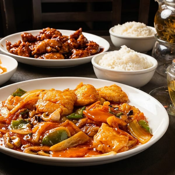 Chinese-style meal with stir-fried chicken, vegetables, rice, crispy noodles, and blooming tea on a restaurant table.