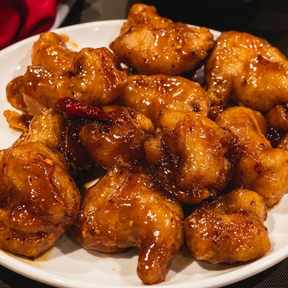 Plate of golden-brown fried chicken pieces coated in glossy sauce, served on a restaurant table with a red napkin.